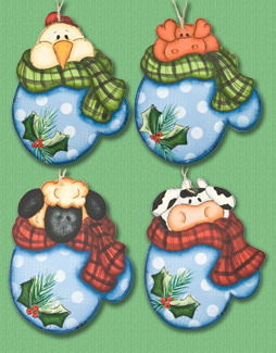 Cozy Farm Mitten Ornaments - 4 sagome in legno