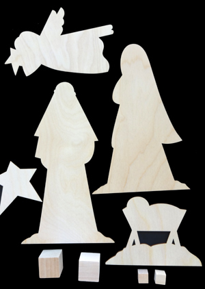 Giuseppe, Maria, Gesù bambino, angelo - sagome in legno